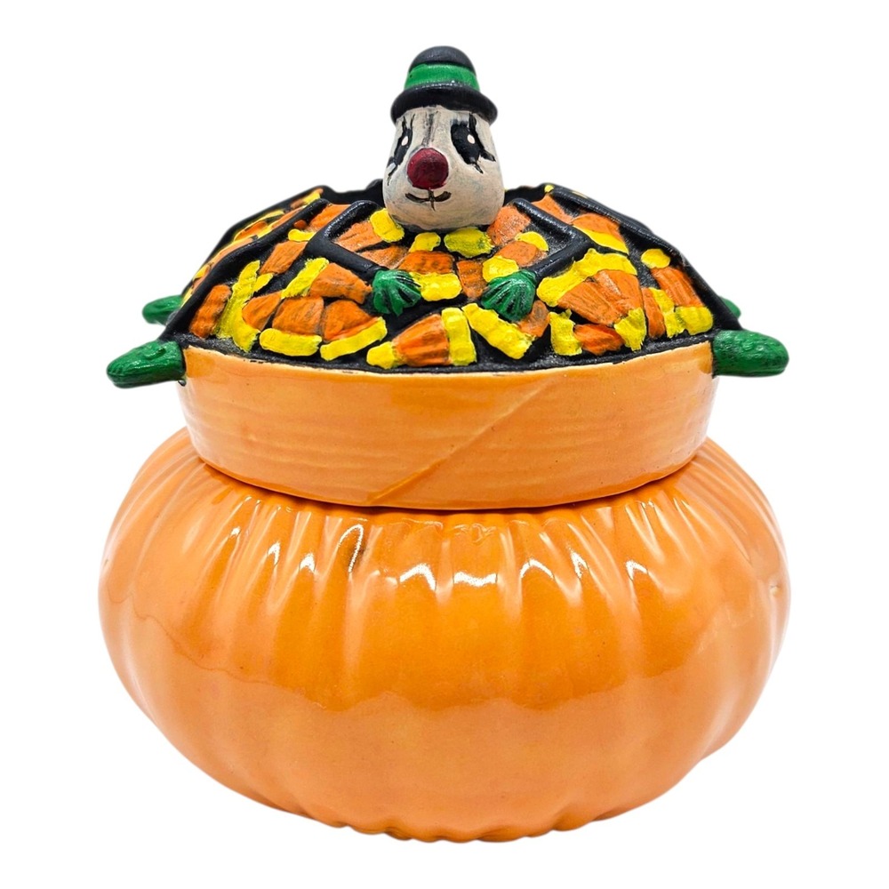 Halloween Pumpkin Candy Dish Jar w/ Lid Clown Spider Candy Corn Vintage Style